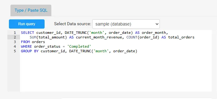sql editor with sample SQL query